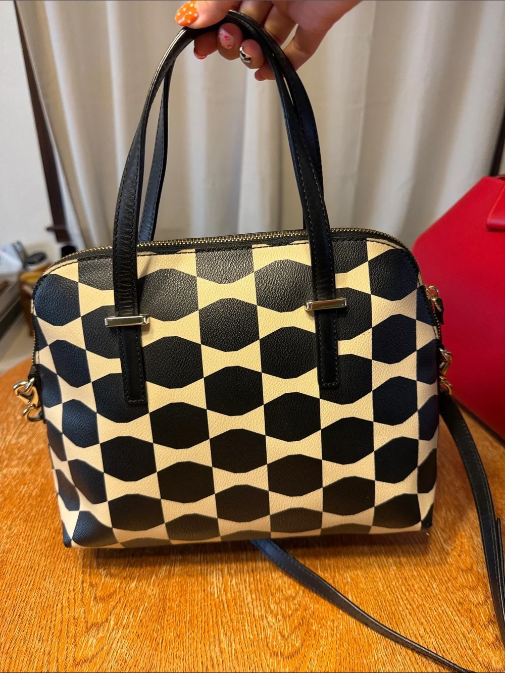 kate spade Black and Cream Geometric Satchel with Crossbody Strap